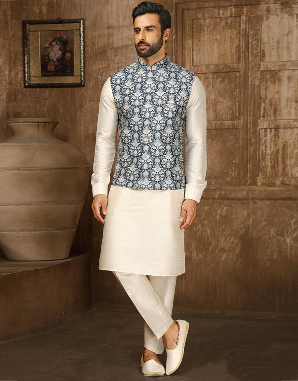 Cream Kurta Digital Print With Single Thread Work Aligadhi Pant