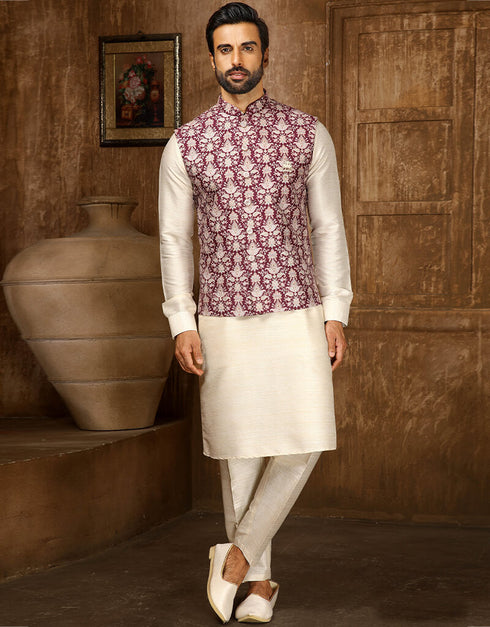 Cream Kurta Digital Print With Single Thread Work Aligadhi Pant