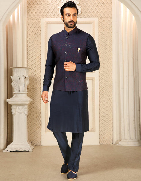 Navy Blue Kurta Art Embroidered Banarasi Silk Aligadhi Pant
