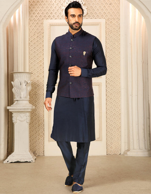 Navy Blue Kurta Art Embroidered Banarasi Silk Aligadhi Pant