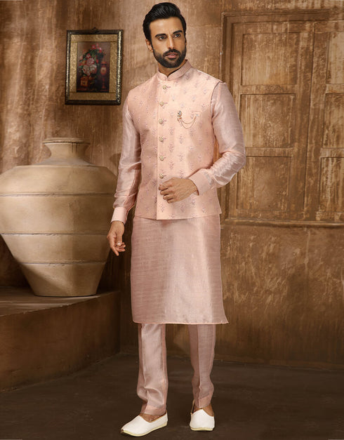 Peach Kurta Art Embroidered Banarasi Silk Aligadhi Pant