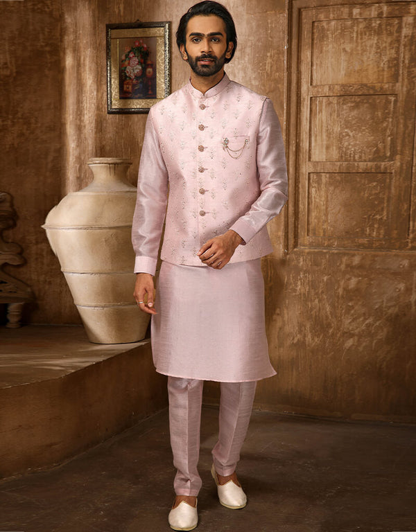 Pink Kurta Art Embroidered Banarasi Silk Aligadhi Pant