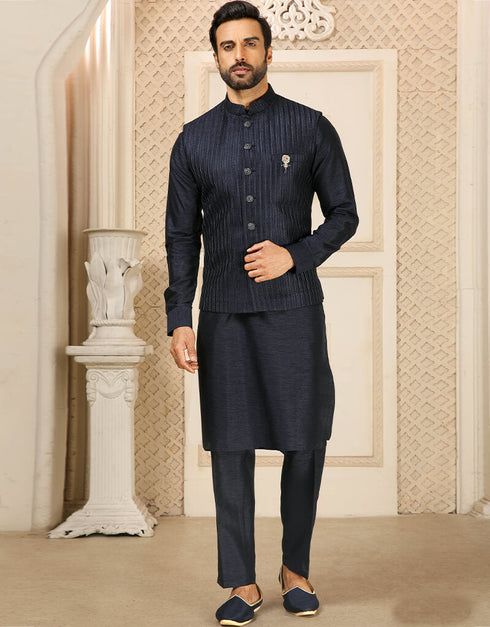 Navy Blue Kurta Art Embroidered Banarasi Silk Aligadhi Pant