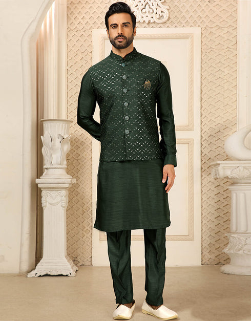 Green Kurta Art Embroidered Banarasi Silk Aligadhi Pant