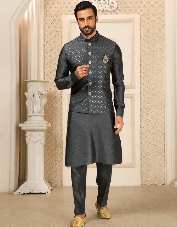 Dark Grey Kurta Art Embroidered Banarasi Silk Aligadhi Pant