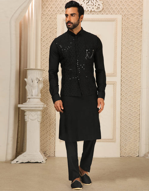 Black Kurta Art Silk With Mirror Work Aligadhi Pant