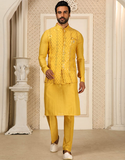 Haldi Kurta Art Silk With Mirror Work Aligadhi Pant