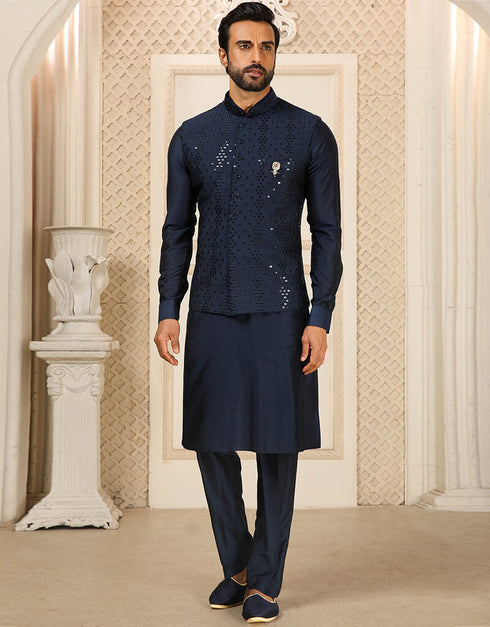 Navy Blue Kurta Art Silk With Mirror Work Aligadhi Pant