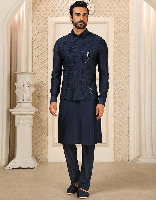 Navy Blue Kurta Art Silk With Mirror Work Aligadhi Pant
