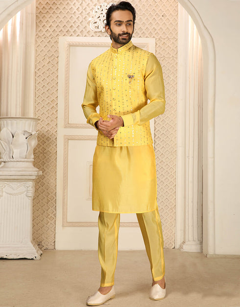 Haldi Kurta Art Silk With Mirror Work Aligadhi Pant