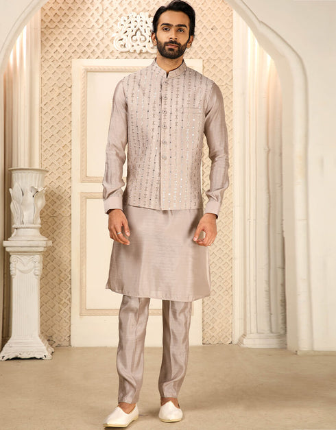 Light Taupe Kurta Art Silk With Mirror Work Aligadhi Pant