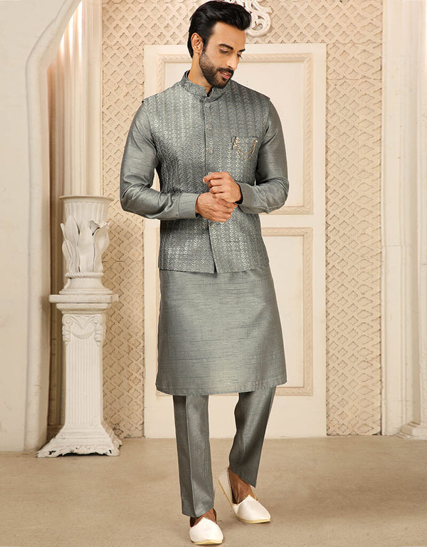 Charcoal Grey Kurta Art Embroidered Banarasi Silk Aligadhi Pant