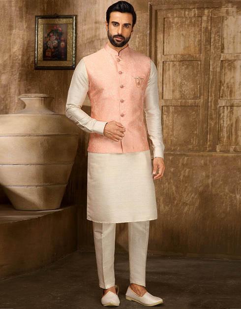 Cream Kurta Jacquard Aligadhi Pant