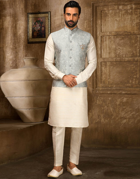 Cream Kurta Jacquard Aligadhi Pant