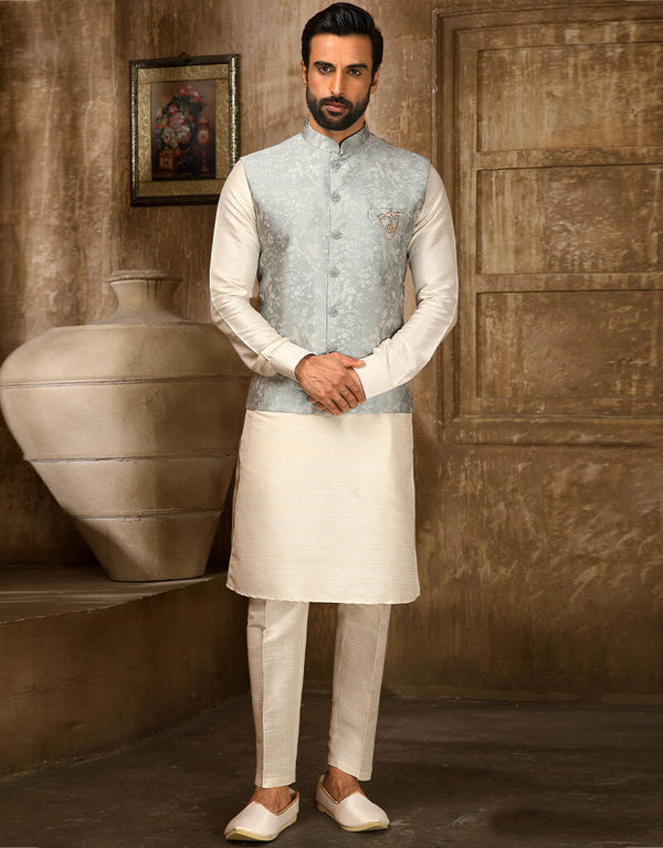 Cream Kurta Jacquard Aligadhi Pant