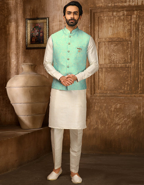 Cream Kurta Jacquard Aligadhi Pant
