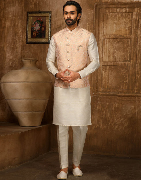Cream Kurta Jacquard Aligadhi Pant
