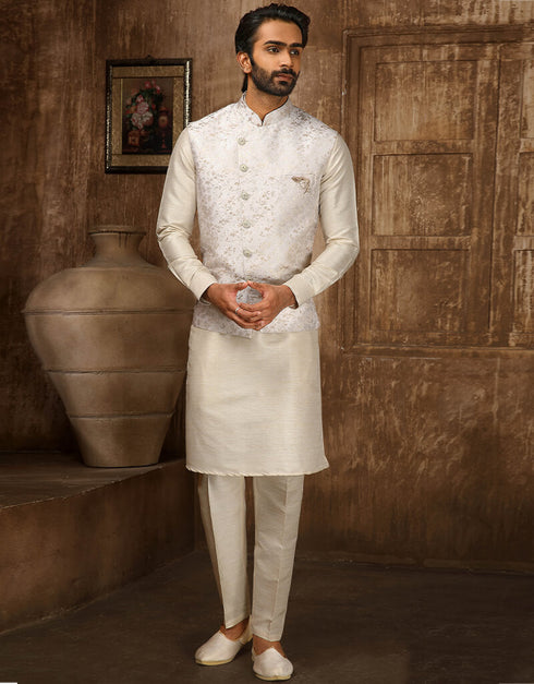 Cream Kurta Jacquard Aligadhi Pant