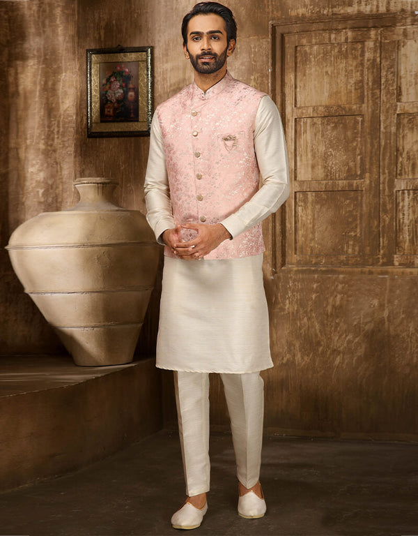 Cream Kurta Jacquard Aligadhi Pant