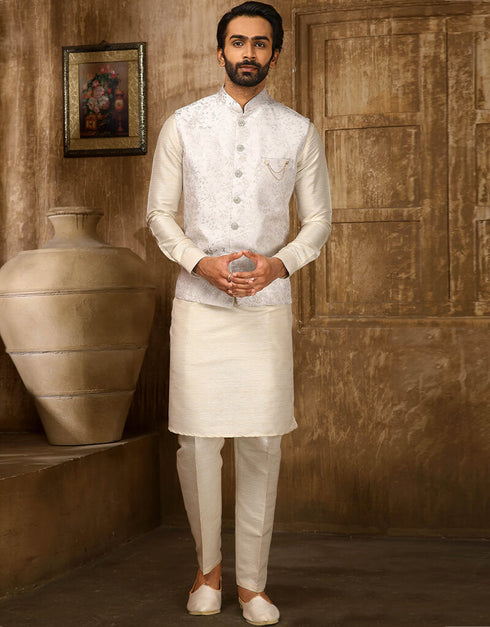 Cream Kurta Jacquard Aligadhi Pant
