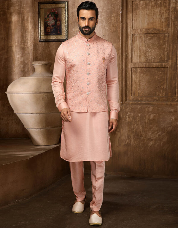 Peach Kurta Art Embroidered Banarasi Silk Aligadhi Pant