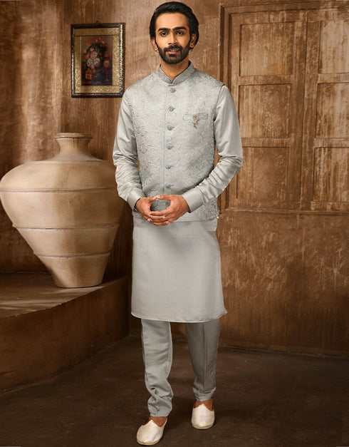 Grey Kurta Art Embroidered Banarasi Silk Aligadhi Pant