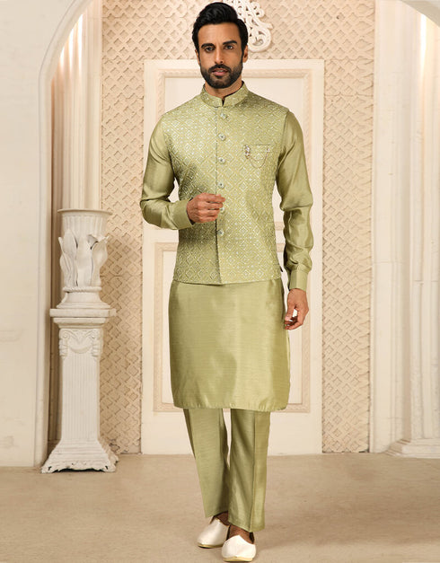 Light Mehendi Kurta Art Embroidered Banarasi Silk Aligadhi Pant