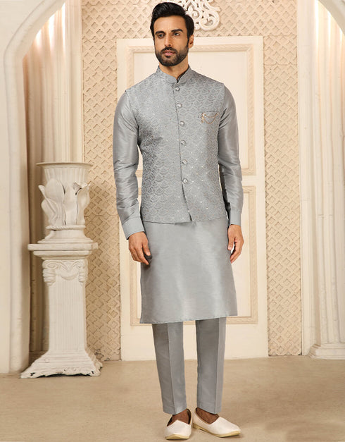 Grey Kurta Art Embroidered Banarasi Silk Aligadhi Pant
