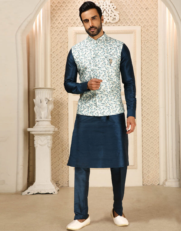 Blue Kurta Art Embroidered Banarasi Silk Aligadhi Pant