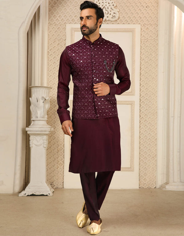 Wine Kurta Art Silk With Mirror Work Aligadhi Pant