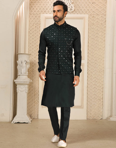 Bottle Green Kurta Art Silk With Mirror Work Aligadhi Pant