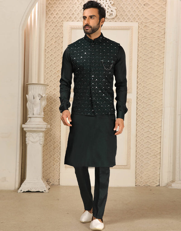 Bottle Green Kurta Art Silk With Mirror Work Aligadhi Pant