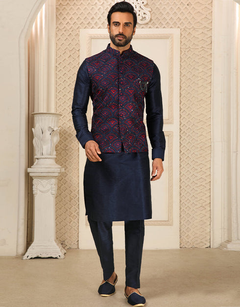 Navy Blue Kurta Art Embroidered Banarasi Silk Aligadhi Pant