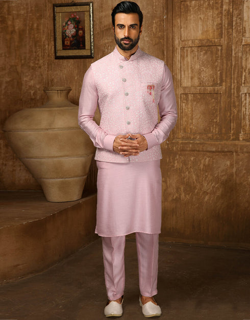 Pink Kurta Art Embroidered Banarasi Silk Aligadhi Pant