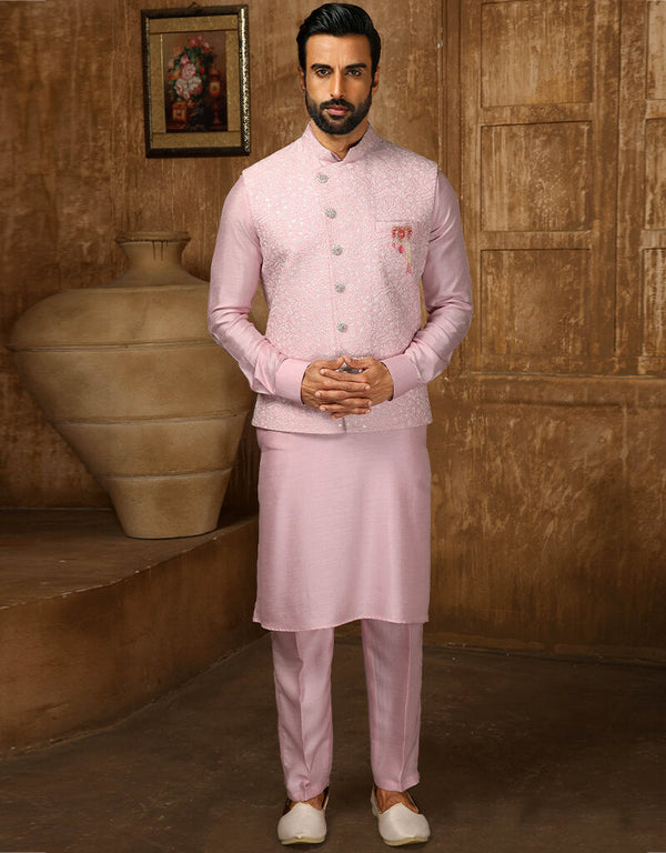 Pink Kurta Art Embroidered Banarasi Silk Aligadhi Pant