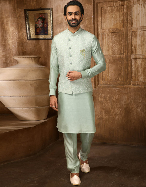 Pista Green Kurta Art Embroidered Banarasi Silk Aligadhi Pant