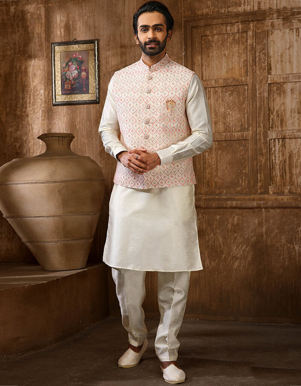 Cream Kurta Art Embroidered Banarasi Silk Aligadhi Pant
