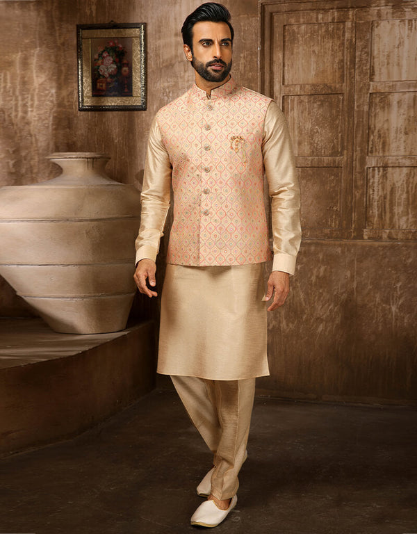Beige Kurta Art Embroidered Banarasi Silk Aligadhi Pant