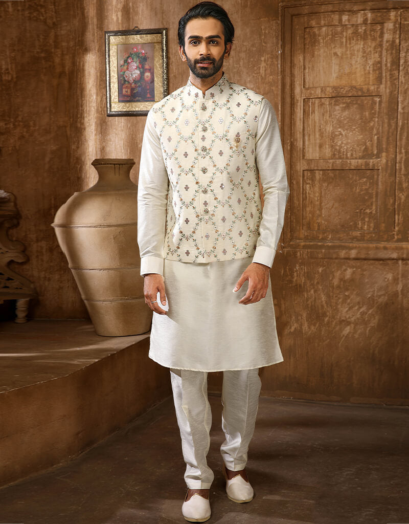 Gold Kurta Art Embroidered Banarasi Silk Aligadhi Pant