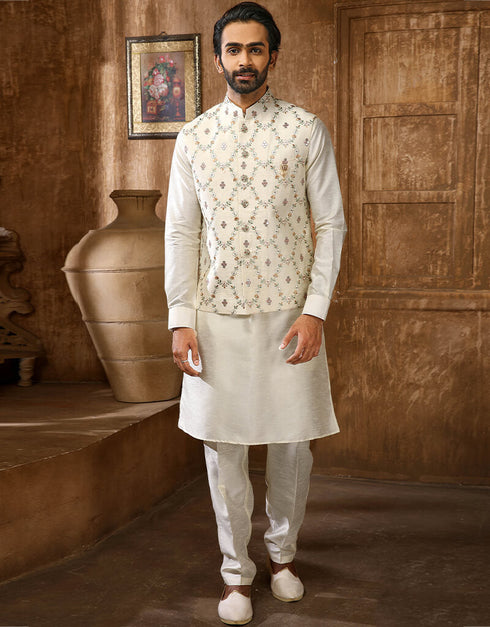 Cream Kurta Art Embroidered Banarasi Silk Aligadhi Pant
