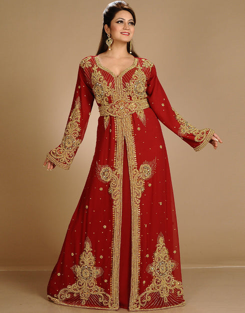 Muslim Maroon Georgette Hand Embroidery Party Wear Kaftan