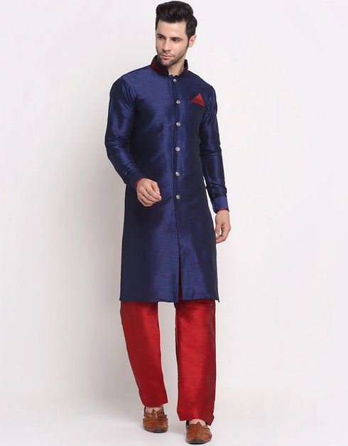 Navy Blue Kurta Dhupion Silk Payjama Closure View