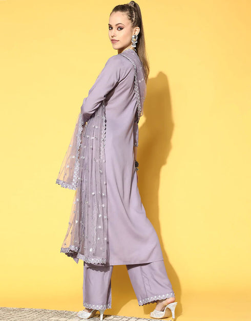 Light Purple Viscose Rayon Palazzo Suit Back View