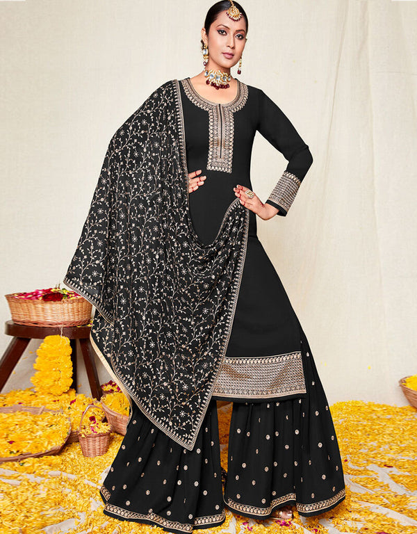 Pure Georgette Black Salwar Kameez Suit Sharara Bottom