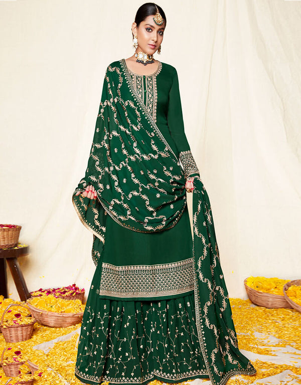 Pure Georgette Green Salwar Kameez Suit Sharara Bottom