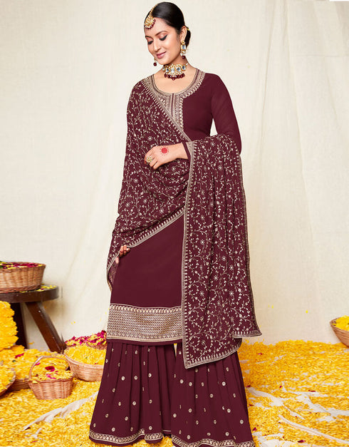 Pure Georgette Maroon Salwar Kameez Suit Sharara Bottom
