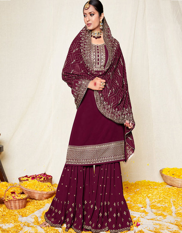 Pure Georgette Magenta Salwar Kameez Suit Sharara Bottom