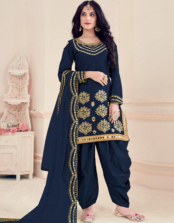 Navy Blue Bitalian Soft Silk Patiyala Suit