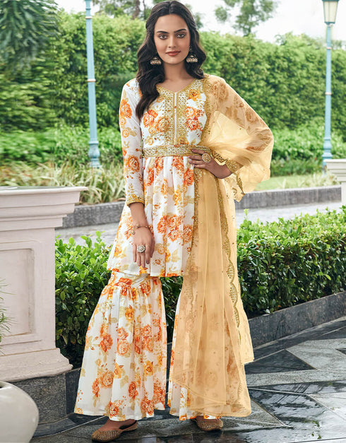 White Pure Fox Georgette Sharara Suit