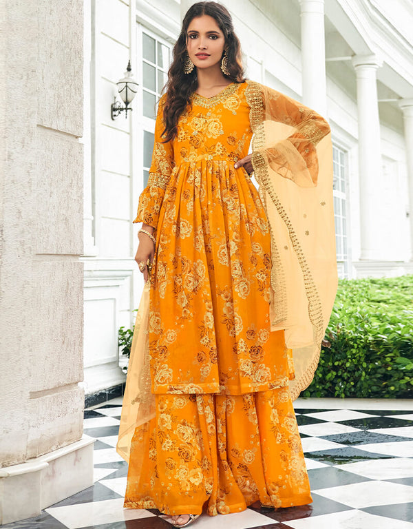 Mustard Pure Fox Georgette Sharara Suit